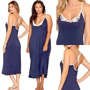 Long Modal Nightgown Womens Plus Size 1X Navy Nightwear with White Applique